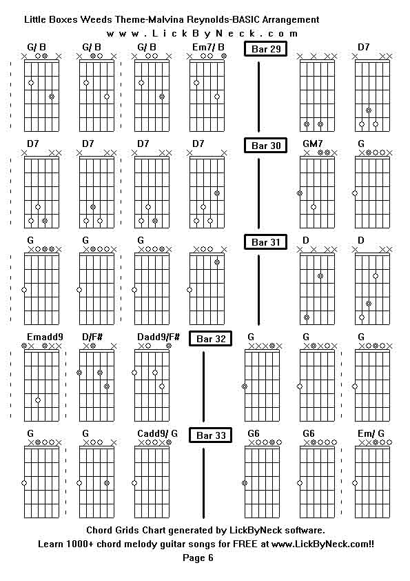 Chord Grids Chart of chord melody fingerstyle guitar song-Little Boxes Weeds Theme-Malvina Reynolds-BASIC Arrangement,generated by LickByNeck software.